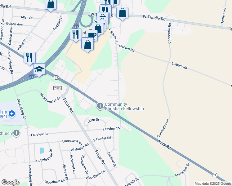 map of restaurants, bars, coffee shops, grocery stores, and more near 88 Fairview Street in Carlisle