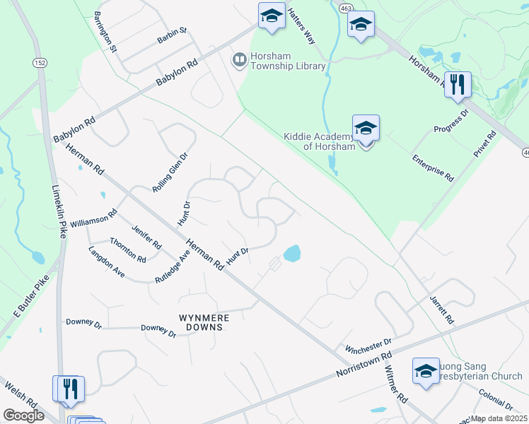 map of restaurants, bars, coffee shops, grocery stores, and more near 57 Hunt Drive in Horsham