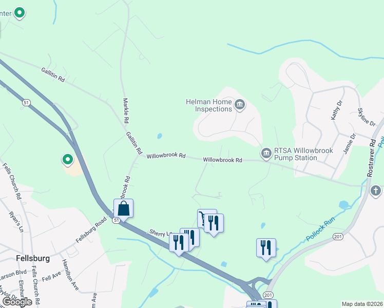 map of restaurants, bars, coffee shops, grocery stores, and more near 1338 Willowbrook Road in Belle Vernon