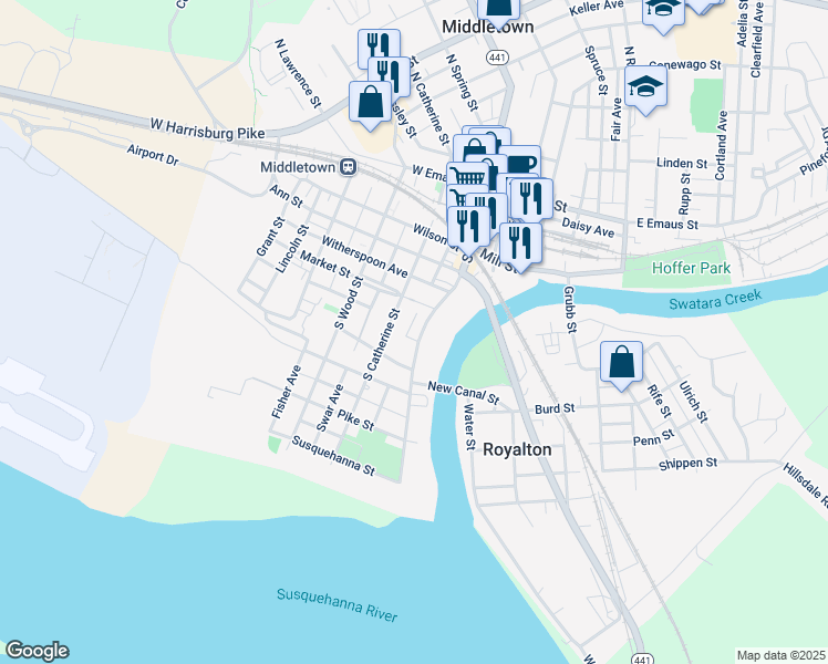 map of restaurants, bars, coffee shops, grocery stores, and more near 415 South Union Street in Middletown