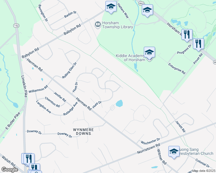map of restaurants, bars, coffee shops, grocery stores, and more near 57 Hunt Drive in Horsham