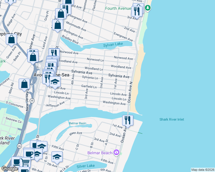 map of restaurants, bars, coffee shops, grocery stores, and more near 123 Garfield Avenue in Avon-by-the-Sea