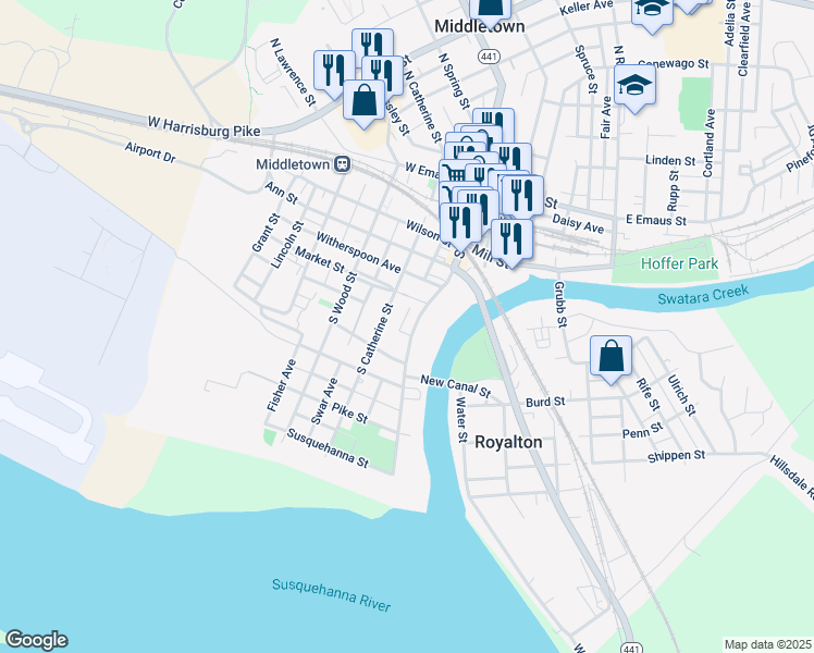 map of restaurants, bars, coffee shops, grocery stores, and more near 415 South Union Street in Middletown
