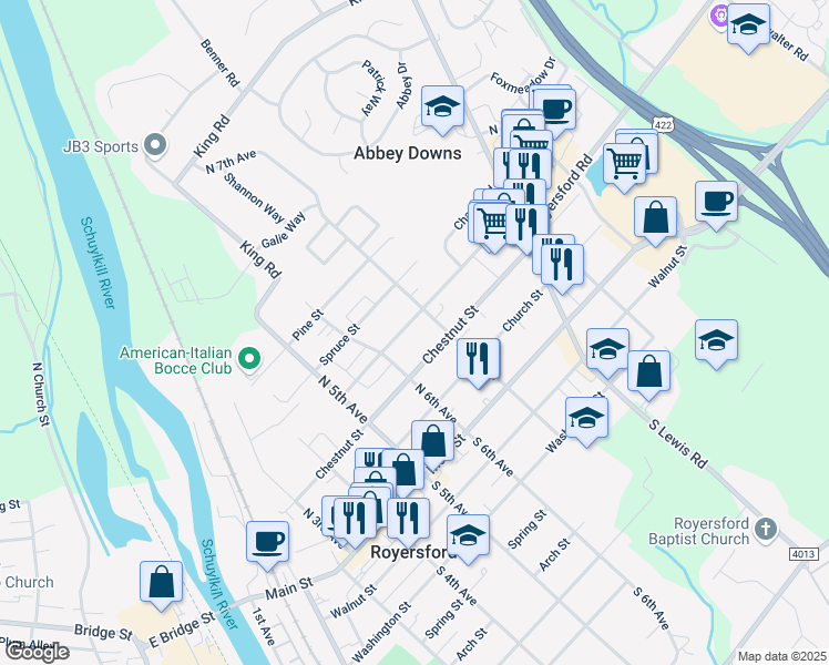 map of restaurants, bars, coffee shops, grocery stores, and more near 630 Oak Street in Royersford