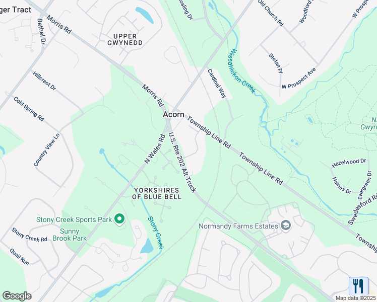 map of restaurants, bars, coffee shops, grocery stores, and more near 105 Amberley Drive in Blue Bell