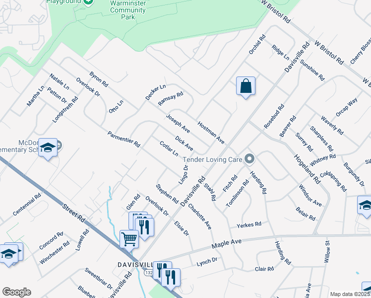 map of restaurants, bars, coffee shops, grocery stores, and more near 763 Dick Avenue in Warminster