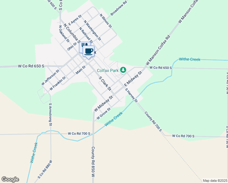 map of restaurants, bars, coffee shops, grocery stores, and more near 405 South Clark Street in Colfax