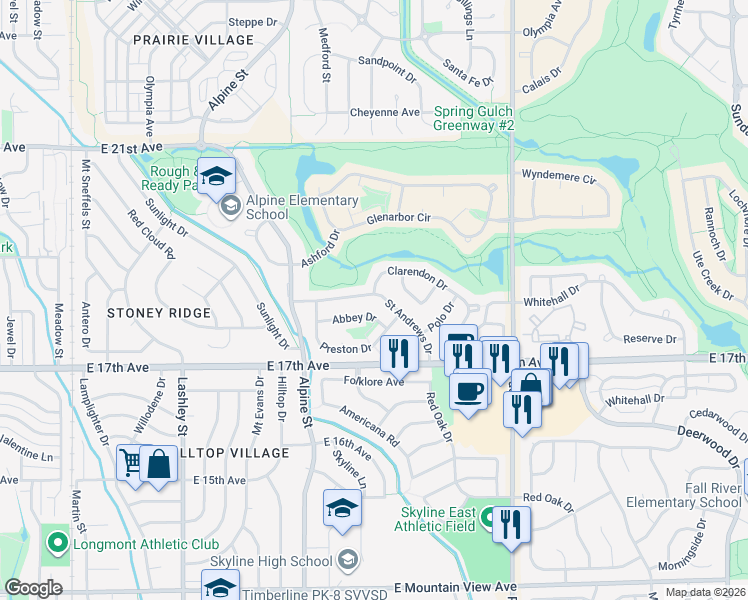 map of restaurants, bars, coffee shops, grocery stores, and more near 604 Saint Andrews Drive in Longmont