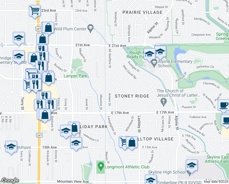 map of restaurants, bars, coffee shops, grocery stores, and more near 1823 Mount Sneffels Street in Longmont