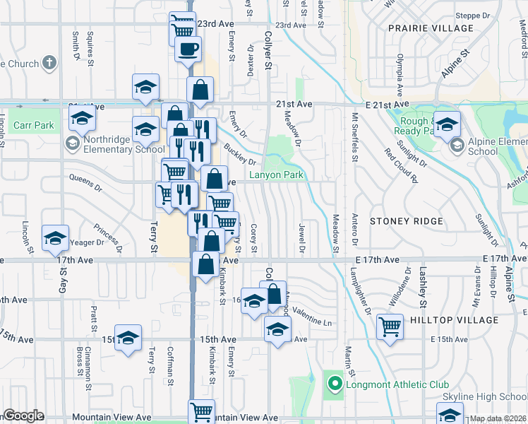 map of restaurants, bars, coffee shops, grocery stores, and more near 1818 Collyer Street in Longmont