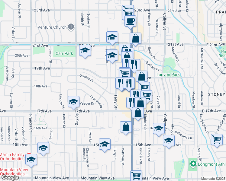 map of restaurants, bars, coffee shops, grocery stores, and more near 1849 Terry Street in Longmont