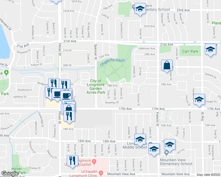 map of restaurants, bars, coffee shops, grocery stores, and more near 1759 Linden Street in Longmont
