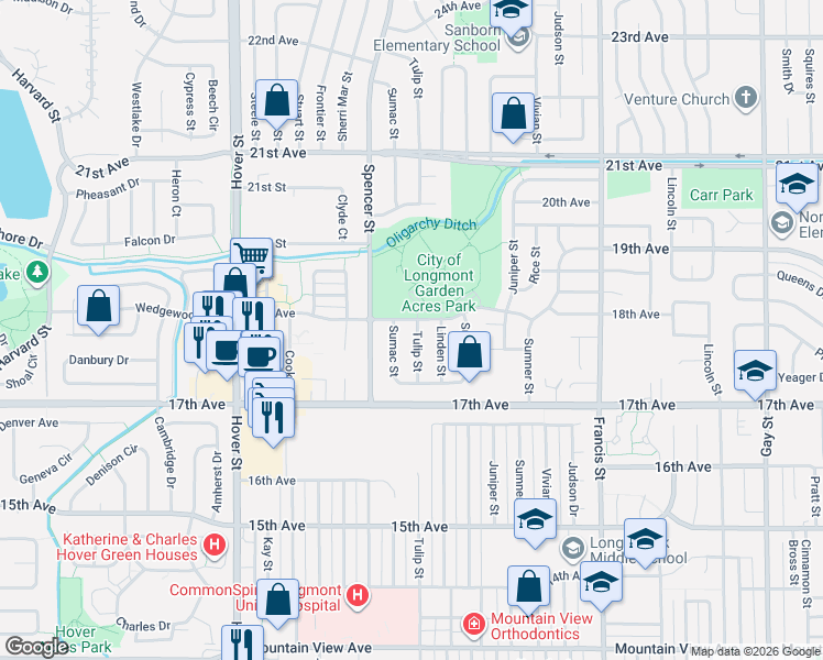 map of restaurants, bars, coffee shops, grocery stores, and more near 1758 Sumac Street in Longmont