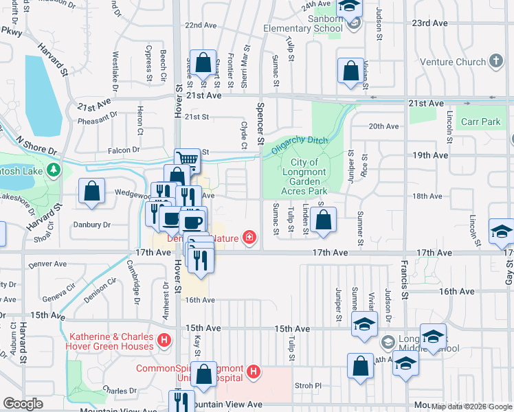 map of restaurants, bars, coffee shops, grocery stores, and more near 1761 Spencer Street in Longmont