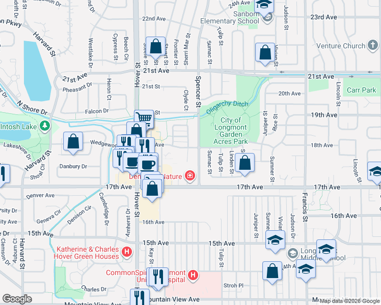 map of restaurants, bars, coffee shops, grocery stores, and more near 1761 Spencer Street in Longmont