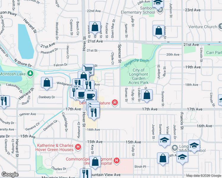 map of restaurants, bars, coffee shops, grocery stores, and more near 2117 18th Avenue in Longmont