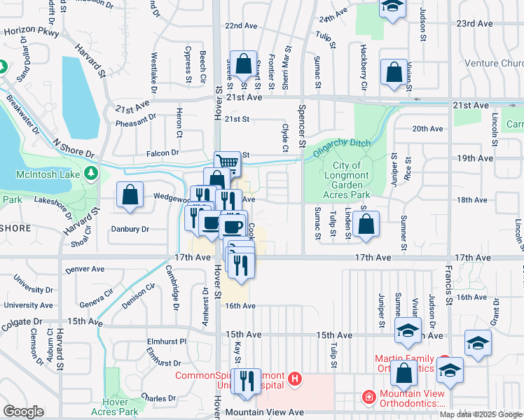 map of restaurants, bars, coffee shops, grocery stores, and more near 2117 18th Avenue in Longmont
