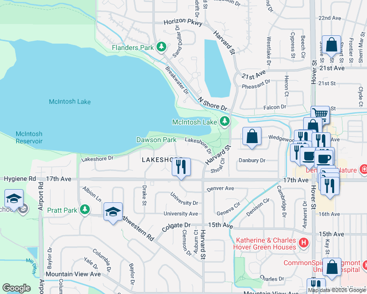 map of restaurants, bars, coffee shops, grocery stores, and more near 1766 Harbor Lane in Longmont