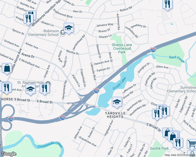 map of restaurants, bars, coffee shops, grocery stores, and more near 174 Lakeside Boulevard in Trenton