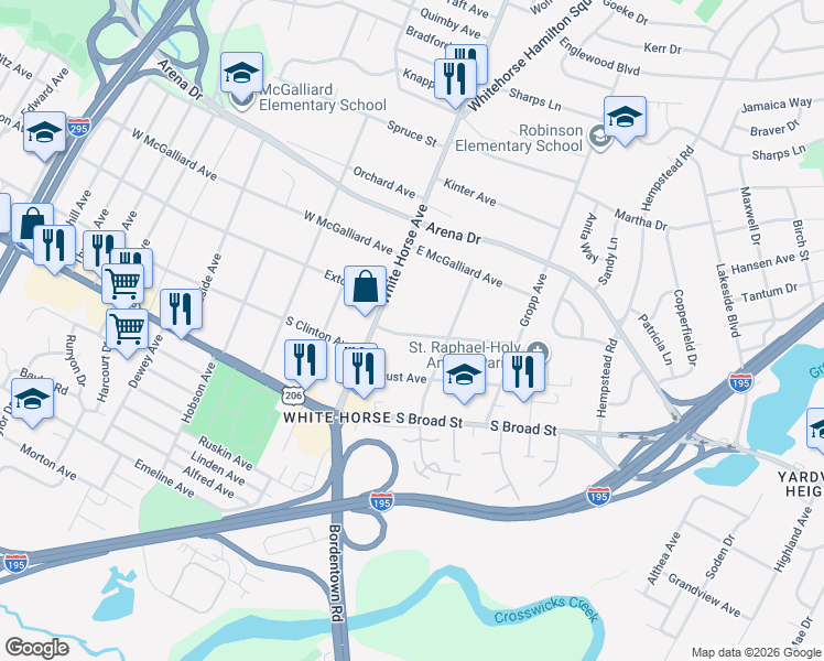 map of restaurants, bars, coffee shops, grocery stores, and more near 58 Phillips Avenue in Hamilton Township