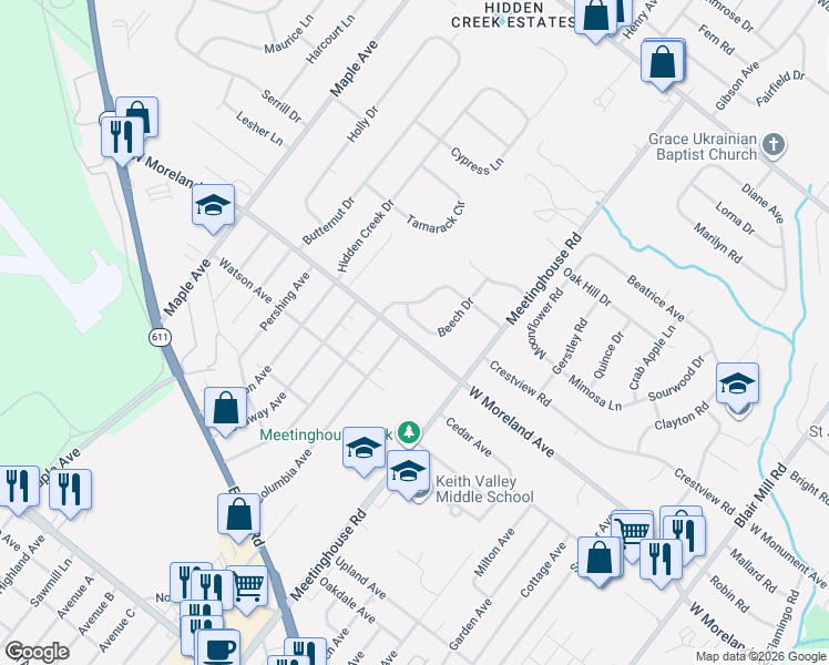 map of restaurants, bars, coffee shops, grocery stores, and more near 108 Beech Drive in Hatboro