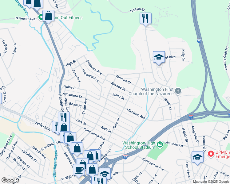 map of restaurants, bars, coffee shops, grocery stores, and more near 1055 Nevada Street in Washington