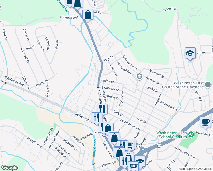 map of restaurants, bars, coffee shops, grocery stores, and more near 1286 Sycamore Street in Washington