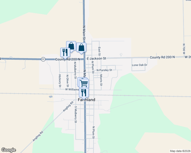 map of restaurants, bars, coffee shops, grocery stores, and more near 307 North Plum Street in Farmland