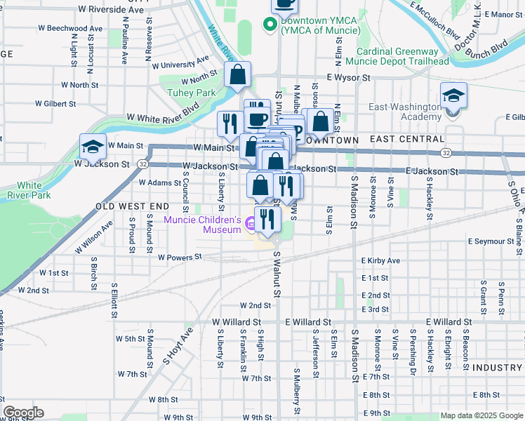map of restaurants, bars, coffee shops, grocery stores, and more near 123 West Charles Street in Muncie