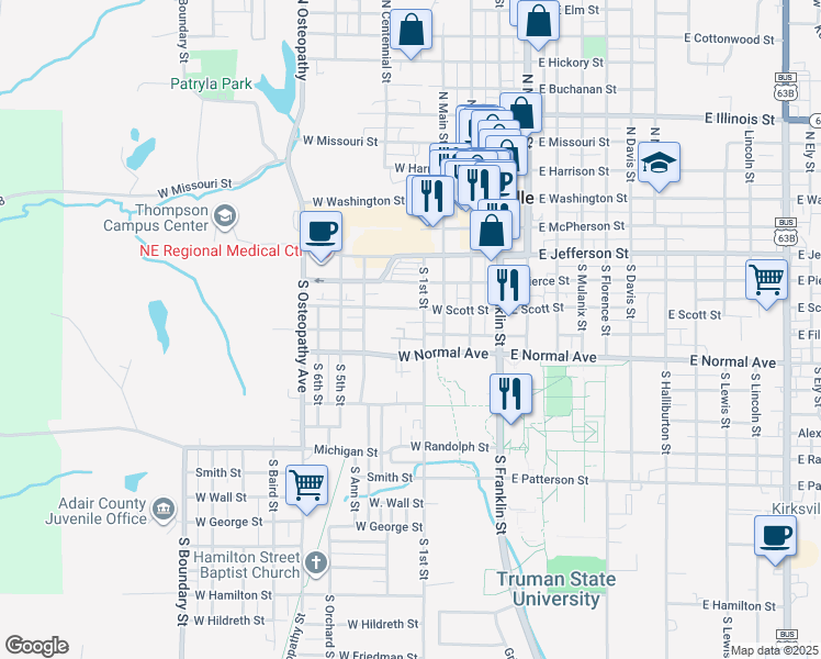 map of restaurants, bars, coffee shops, grocery stores, and more near 511 South 1st Street in Kirksville