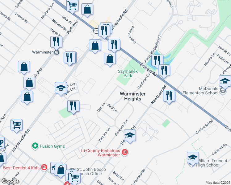 map of restaurants, bars, coffee shops, grocery stores, and more near 409 Deb Lane in Warminster