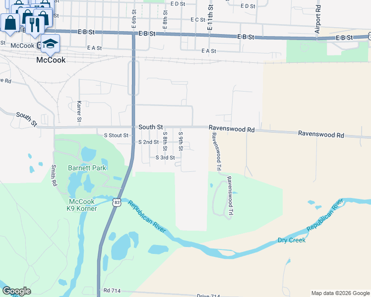 map of restaurants, bars, coffee shops, grocery stores, and more near 201 South 9th Street in McCook