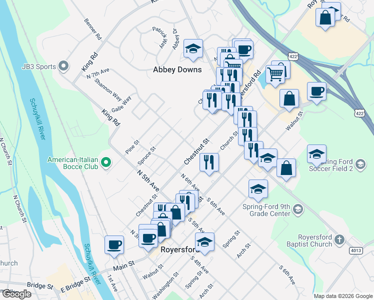 map of restaurants, bars, coffee shops, grocery stores, and more near 217 North 7th Avenue in Royersford