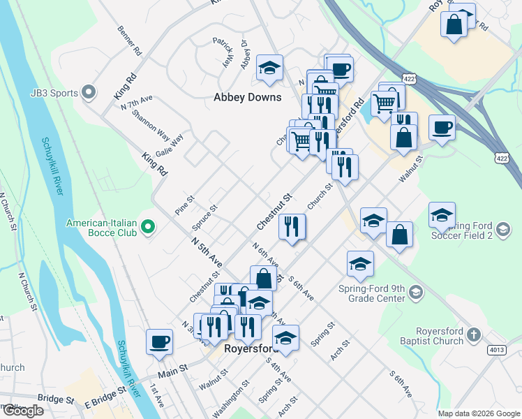 map of restaurants, bars, coffee shops, grocery stores, and more near 217 North 7th Avenue in Royersford