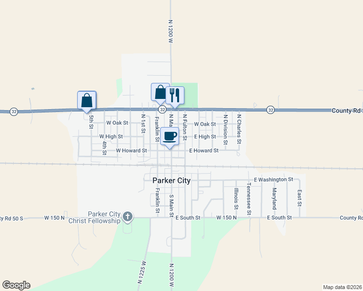 map of restaurants, bars, coffee shops, grocery stores, and more near 128 N Fulton St in Parker City