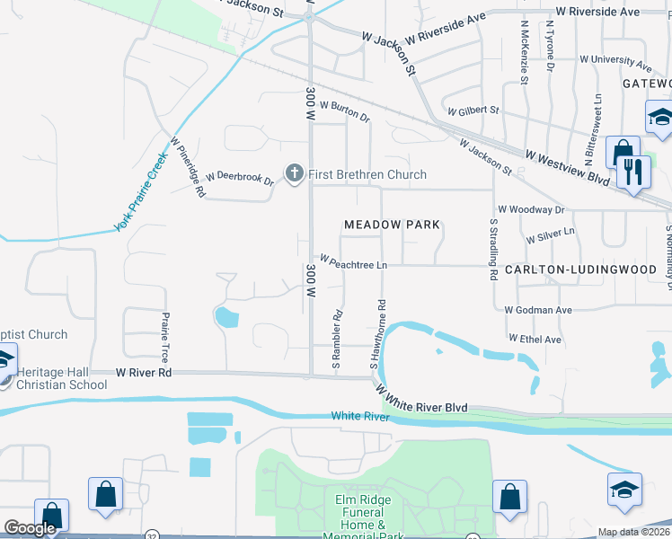 map of restaurants, bars, coffee shops, grocery stores, and more near 4800-4804 West Peachtree Lane in Muncie