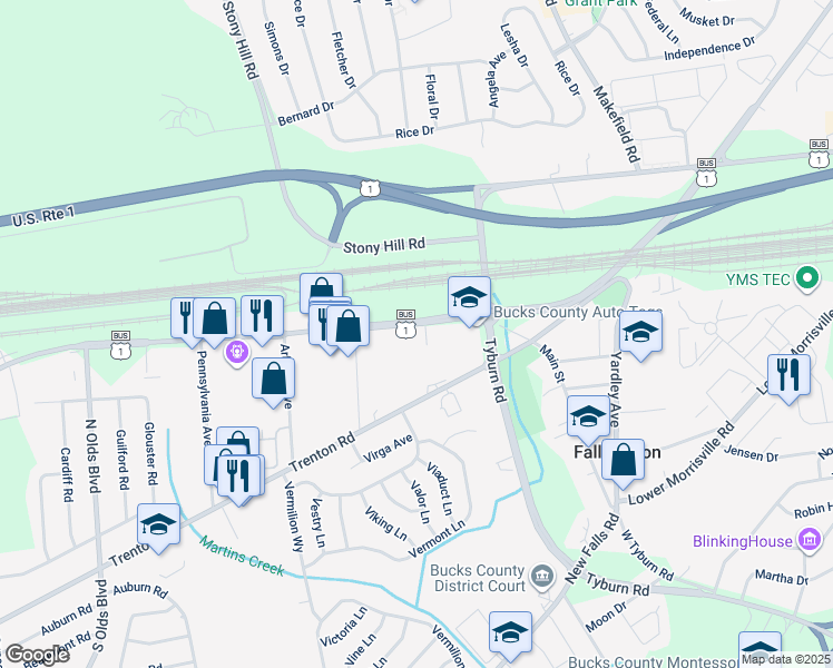 map of restaurants, bars, coffee shops, grocery stores, and more near 662 Lincoln Highway in Fairless Hills