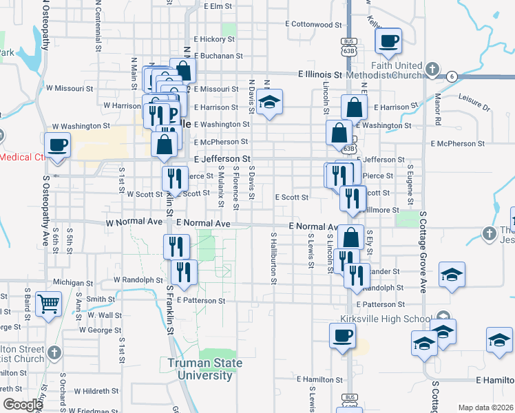 map of restaurants, bars, coffee shops, grocery stores, and more near 514 South Halliburton Street in Kirksville