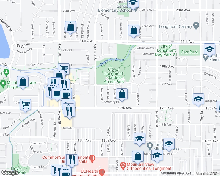 map of restaurants, bars, coffee shops, grocery stores, and more near 1752 Tulip Street in Longmont