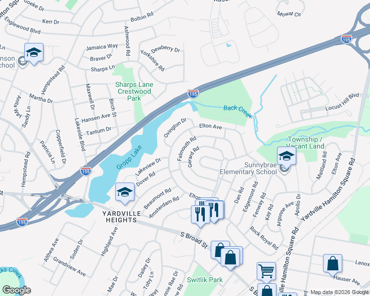 map of restaurants, bars, coffee shops, grocery stores, and more near 52 Falmouth Road in Hamilton Township