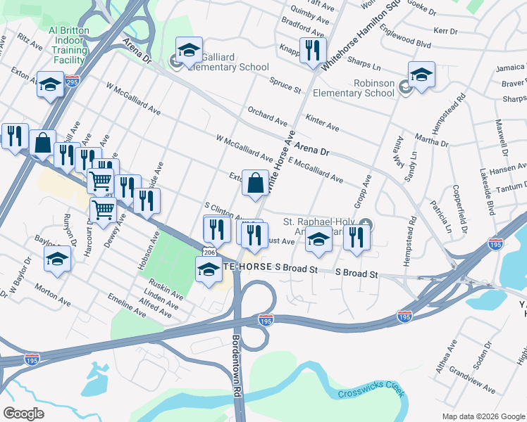 map of restaurants, bars, coffee shops, grocery stores, and more near 143 White Horse Avenue in Trenton