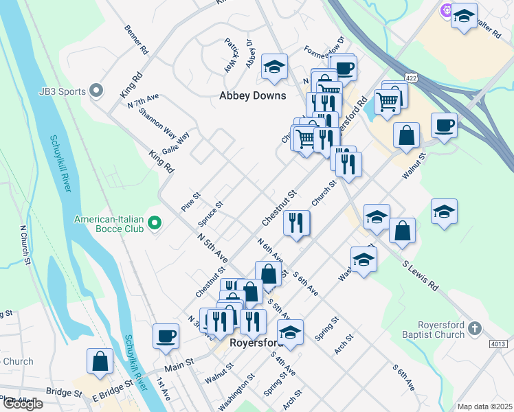 map of restaurants, bars, coffee shops, grocery stores, and more near 630 Oak Street in Royersford