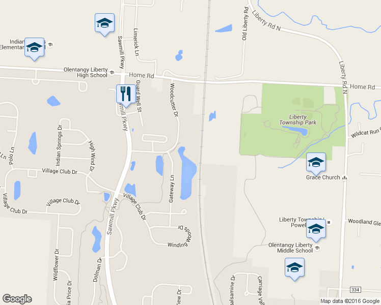 map of restaurants, bars, coffee shops, grocery stores, and more near 7629 Woodcutter Dr in Powell
