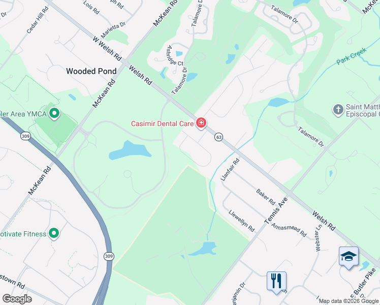 map of restaurants, bars, coffee shops, grocery stores, and more near 421 Wyndon Road in Ambler