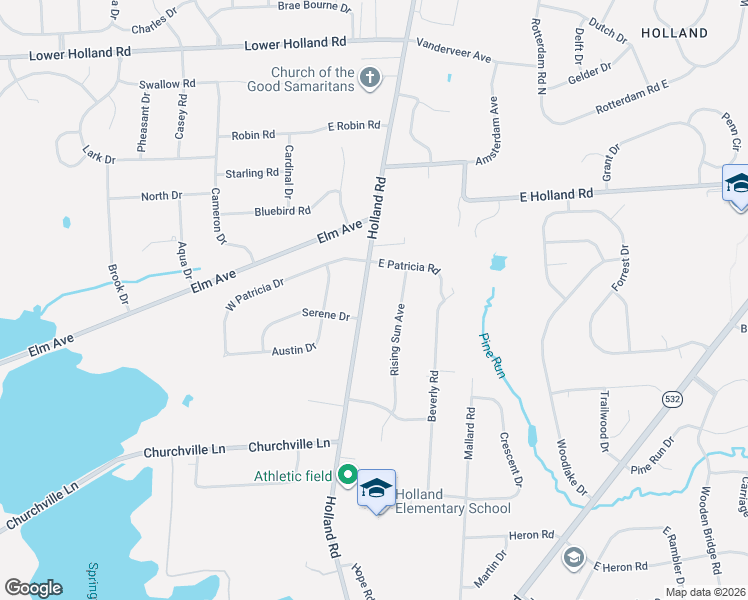 map of restaurants, bars, coffee shops, grocery stores, and more near 733 Holland Road in Holland