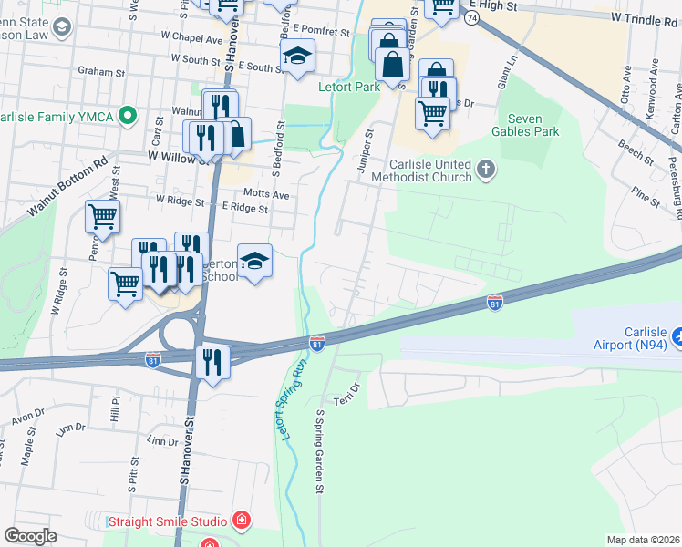 map of restaurants, bars, coffee shops, grocery stores, and more near 600 South Spring Garden Street in Carlisle