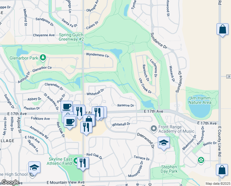 map of restaurants, bars, coffee shops, grocery stores, and more near 1237 Whitehall Drive in Longmont