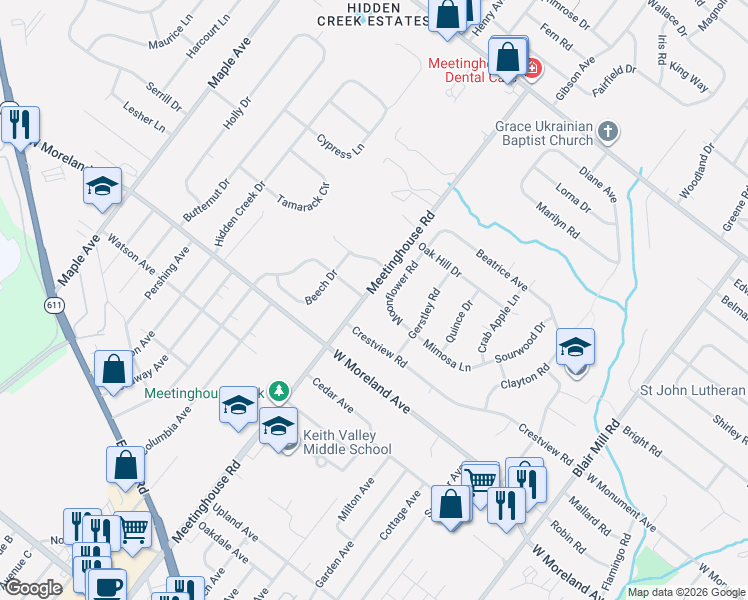 map of restaurants, bars, coffee shops, grocery stores, and more near 123 Meetinghouse Road in Hatboro