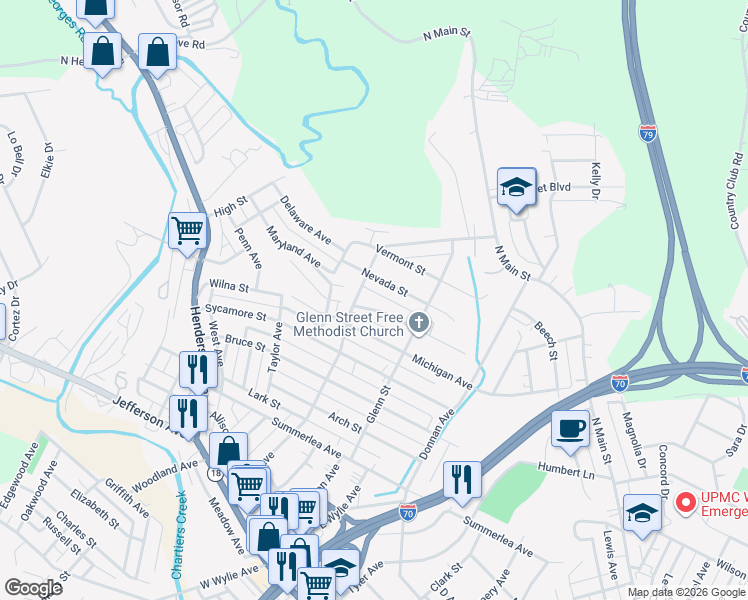 map of restaurants, bars, coffee shops, grocery stores, and more near 1055 Nevada Street in Washington