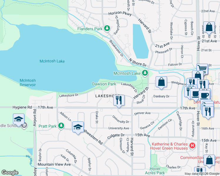 map of restaurants, bars, coffee shops, grocery stores, and more near 3023 Lakeshore Drive in Longmont